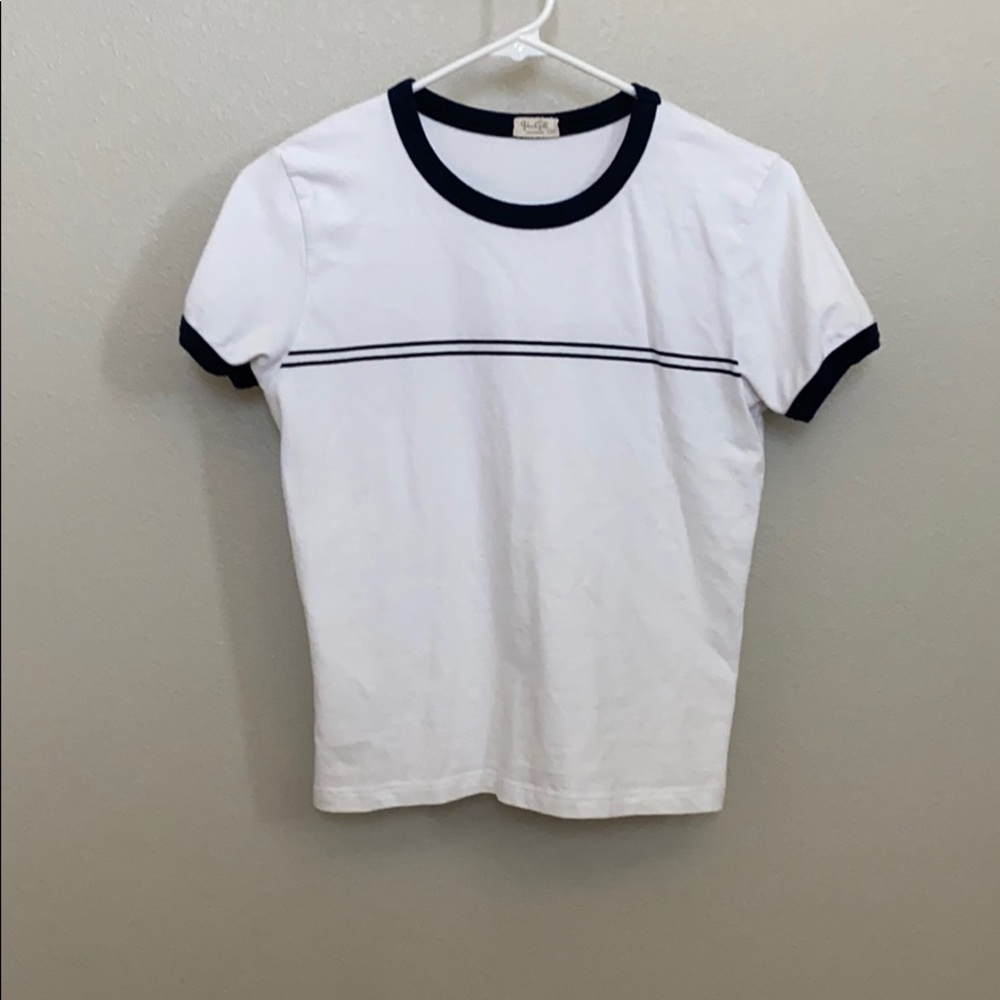 john galt white tee with navy stripes